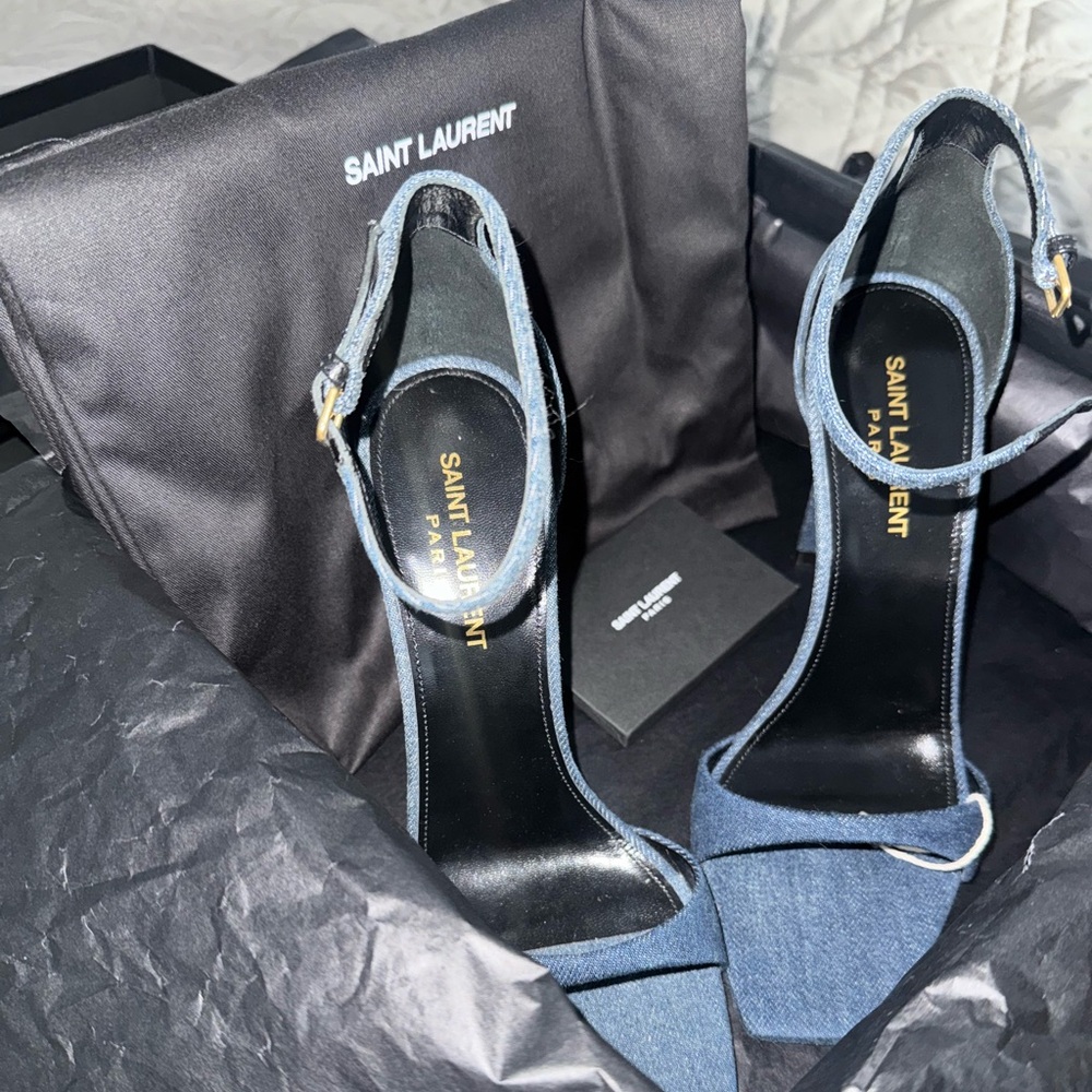 Saint Laurent Denim Ankle Strap Heels